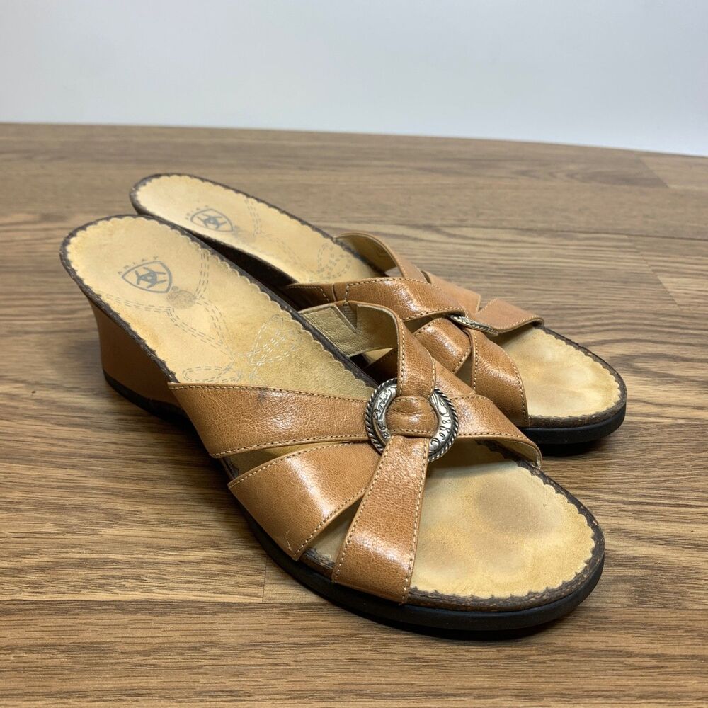 Ariat Womens Sz 8.5B Brown Leather Comfort Wedge Heel Open Toe Sandals